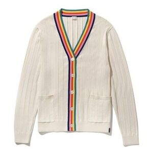 Kule Bink Cardigan Women XL Cream Rainbow Trim Cotton Rayon Ribbed Preppy Long
